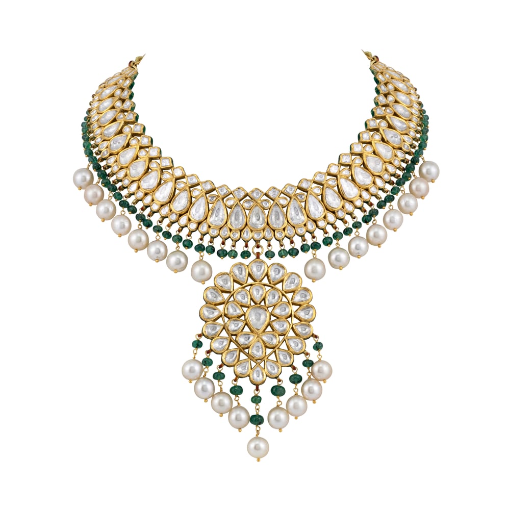 Polki and Pearl Choker Necklace with Emerald Accents